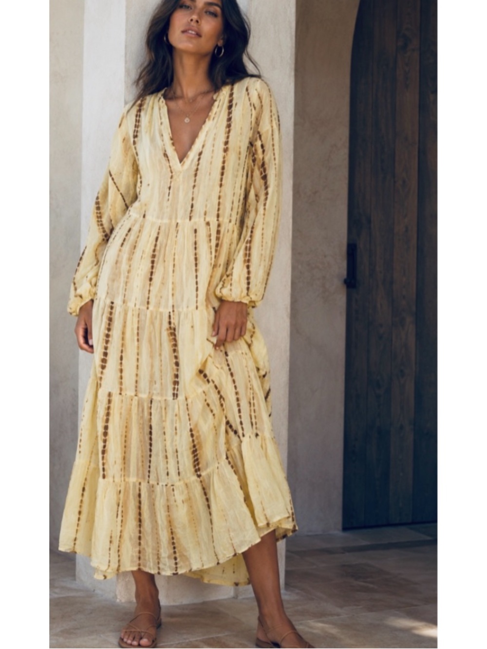 Maison Hotel  Tie-Dye Tiered Maxi Dress Yellow/Brown Medium